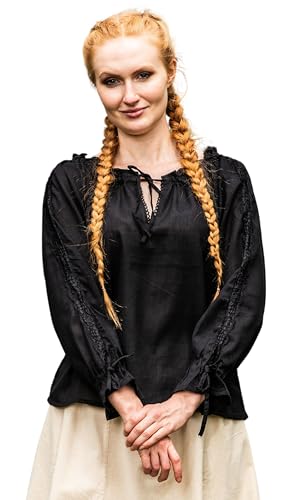 Leonardo Carbone® Damen Bluse Mittelalterbluse Bettina | Rüschen-Décolleté | Spitzenakzente | Karneval, Halloween, Cosplay, LARP, Tunika, Hemd, Kostüm | 100% Baumwolle Schwarz L von Leonardo Carbone