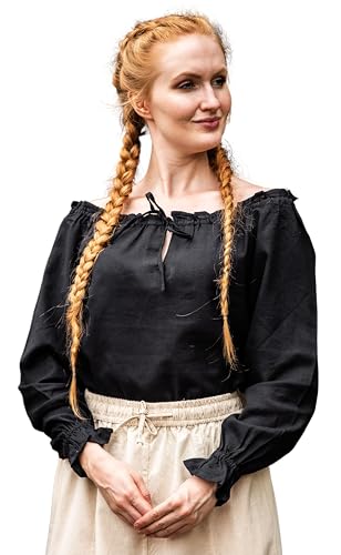 Leonardo Carbone® Damen Bluse Mittelalterbluse Edith | Offenschulterig | Rüschenärmel | Karneval, Halloween, Cosplay, LARP, Kostüm, Mittelalter, Festkleidung | 100% Baumwolle Schwarz L von Leonardo Carbone