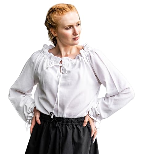Leonardo Carbone® Damen Bluse Mittelalterbluse Edith | Offenschulterig | Rüschenärmel | Karneval, Halloween, Cosplay, LARP, Kostüm, Mittelalter, Festkleidung | 100% Baumwolle Weiß S von Leonardo Carbone
