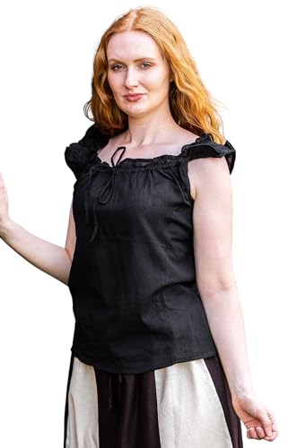 Leonardo Carbone® Damen Bluse Sommerbluse Lotte | Rüschen-Design | Verstellbarer Ausschnitt | Karneval, Halloween, Cosplay, LARP, Mittelalter, Tuniken | 100% Baumwolle Schwarz L von Leonardo Carbone