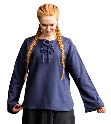 Leonardo Carbone® Damen Bluse Tilda | Schnürung Vorderseite | Mittelalter Design | Karneval, Halloween, Cosplay, LARP, Tunika, Hemd, Oberteil, Kostüm | 100% Baumwolle Blau S von Leonardo Carbone