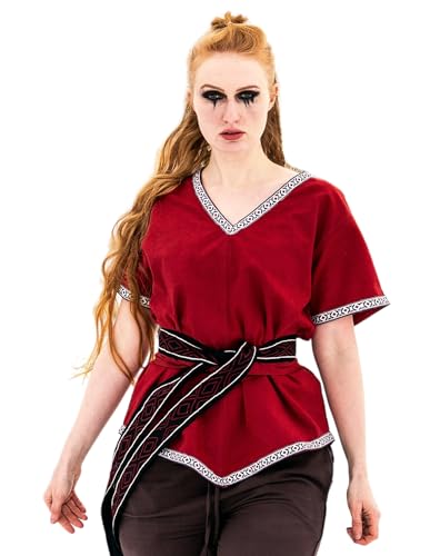 Leonardo Carbone® Damen Bluse Wikinger Tunika Matilda | V-Ausschnitt Mit Bordüre | Integrierter Gürtel | Karneval, Halloween, Cosplay, LARP, Tunika, Oberteil, Kostüm | 100% Baumwolle Rot 3XL von Leonardo Carbone