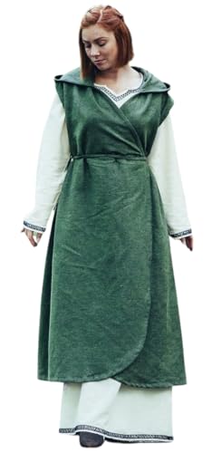 Leonardo Carbone® Damen Kleid Wickelkleid Gerlin | Mit Kapuze | Asymmetrischer Saum | Karneval, Halloween, Cosplay, LARP, Mittelalter, Wikinger, Kostüm, Überkleid | 100% Baumwolle Grün S, M von Leonardo Carbone