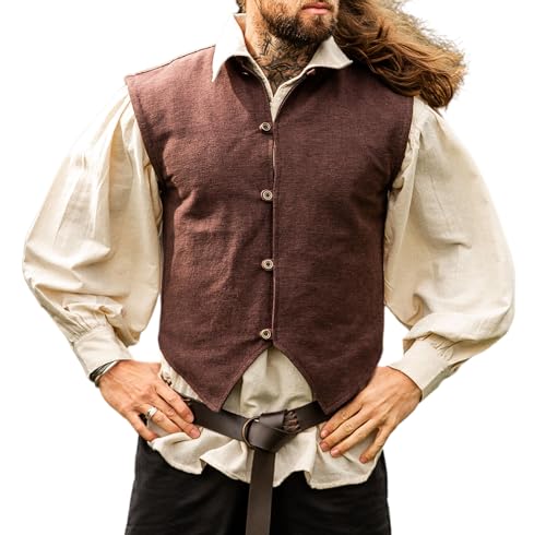 Leonardo Carbone® Herren Mittelalter Weste Irvin | Handgewebte Baumwolle | Komfortable Innenfütterung | Westen | Jacken | Herrenmode | Mittelalter Kleidung | Baumwolle Braun 3XL von Leonardo Carbone
