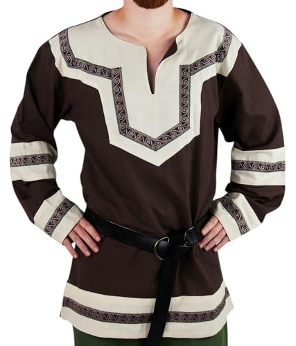 Leonardo Carbone® Keltische Tunika Aidan - Mittelalter Kleidung Herren, Mittelalter Hemd, Freizeithemden Langarm, Karneval Kostüm Herren, Wikinger Tunika, LARP-Kleidung - 100% Baumwolle Braun 4XL von Leonardo Carbone