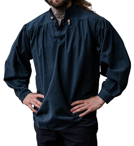 Leonardo Carbone® Meliertes Mittelalter-Hemd Georg - Mittelalter Kleidung Herren, Mittelalter Hemd, LARP-Kleidung, Festival Outfit Herren, Kostüm, Freizeithemden Langarm - 100% Baumwolle Blau 3XL von Leonardo Carbone