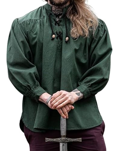 Leonardo Carbone® Meliertes Mittelalter-Hemd Georg - Mittelalter Kleidung Herren, Mittelalter Hemd, LARP-Kleidung, Festival Outfit Herren, Kostüm, Freizeithemden Langarm - 100% Baumwolle Grün L von Leonardo Carbone