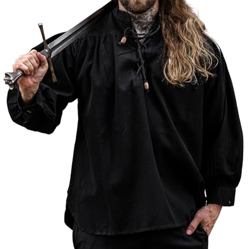 Leonardo Carbone® Meliertes Mittelalter-Hemd Georg - Mittelalter Kleidung Herren, Mittelalter Hemd, LARP-Kleidung, Festival Outfit Herren, Kostüm, Freizeithemden Langarm - 100% Baumwolle Schwarz 2XL von Leonardo Carbone
