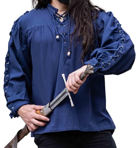 Leonardo Carbone® Mittelalter Hemd Adrian - Mittelalter Kleidung, Mittelalter Hemd Herren, LARP-Kleidung, Festival Outfit Herren, Karneval Kostüm, Freizeithemden Langarm Blau M von Leonardo Carbone