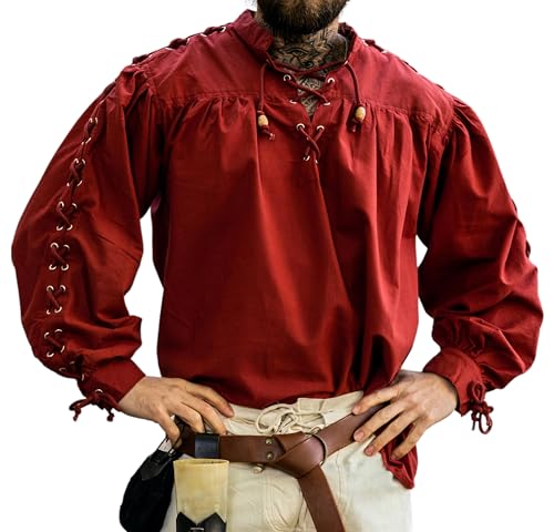 Leonardo Carbone® Mittelalter Hemd Adrian - Mittelalter Kleidung, Mittelalter Hemd Herren, LARP-Kleidung, Festival Outfit Herren, Karneval Kostüm, Freizeithemden Langarm Rot 2XL von Leonardo Carbone