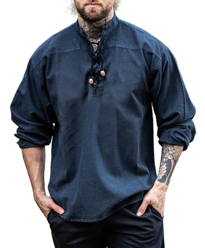 Leonardo Carbone® Mittelalter Hemd Ansbert - Mittelalter Kleidung, Mittelalter Hemd Herren, LARP-Kleidung, Festival Outfit, Karneval Kostüm, Freizeithemden Langarm - 100% Baumwolle Blau 2XL von Leonardo Carbone