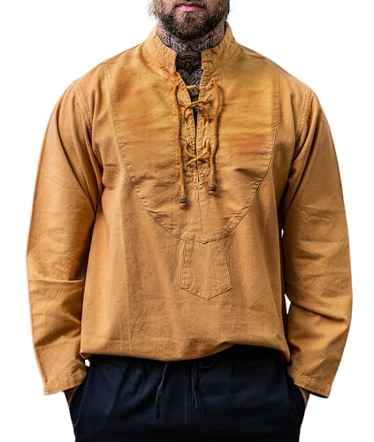 Leonardo Carbone® Mittelalter Hemd Ansbert - Mittelalter Kleidung, Mittelalter Hemd Herren, LARP-Kleidung, Festival Outfit, Karneval Kostüm, Freizeithemden Langarm - 100% Baumwolle Honig 2XL von Leonardo Carbone