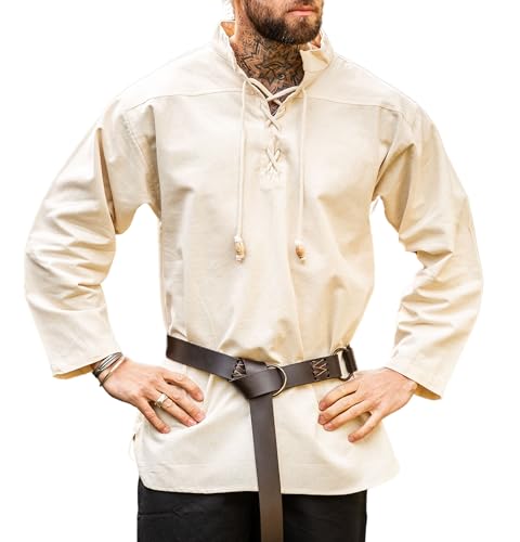 Leonardo Carbone® Mittelalter Hemd Ansbert - Mittelalter Kleidung, Mittelalter Hemd Herren, LARP-Kleidung, Festival Outfit, Karneval Kostüm, Freizeithemden Langarm - 100% Baumwolle Natur 2XL von Leonardo Carbone