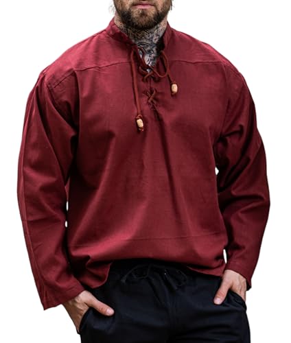 Leonardo Carbone® Mittelalter Hemd Ansbert - Mittelalter Kleidung, Mittelalter Hemd Herren, LARP-Kleidung, Festival Outfit, Karneval Kostüm, Freizeithemden Langarm - 100% Baumwolle Rot 2XL von Leonardo Carbone