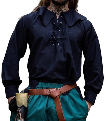 Leonardo Carbone® Mittelalter Hemd Athos - Mittelalter Kleidung, Mittelalter Hemd, LARP-Kleidung, Festival Outfit Herren, Karneval Kostüm Herren, Freizeithemden Langarm - 100% Baumwolle Schwarz 3XL von Leonardo Carbone