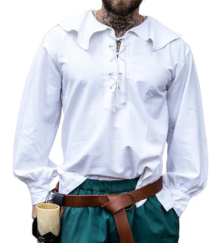 Leonardo Carbone® Mittelalter Hemd Athos - Mittelalter Kleidung, Mittelalter Hemd, LARP-Kleidung, Festival Outfit Herren, Karneval Kostüm Herren, Freizeithemden Langarm - 100% Baumwolle Weiß 3XL von Leonardo Carbone