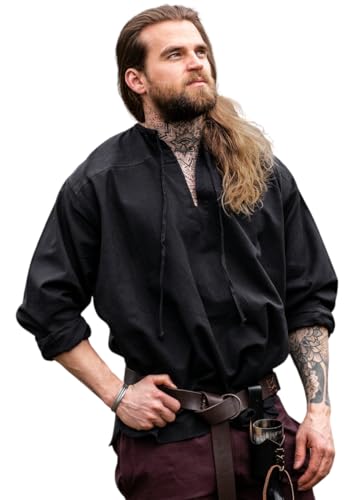 Leonardo Carbone® Mittelalter Hemd Bartholomeus - Mittelalter Kleidung, Mittelalter Hemd Herren, LARP-Kleidung, Festival Outfit Herren, Karneval Kostüm, Freizeithemden Langarm Schwarz 3XL von Leonardo Carbone