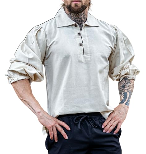 Leonardo Carbone® Mittelalter Hemd Ferdinand - Mittelalter Kleidung Herren, Mittelalter Hemd, LARP-Kleidung, Festival Outfit Herren, Karneval Kostüm, Freizeithemden Langarm - 100% Baumwolle Natur 2XL von Leonardo Carbone