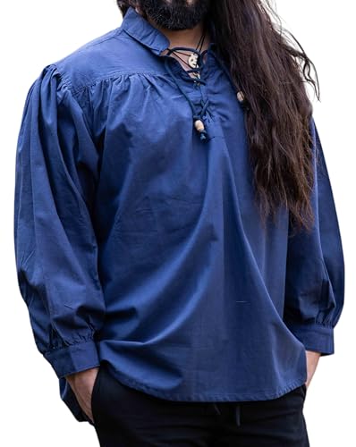Leonardo Carbone® Mittelalter Hemd Friedrich - Kleidung, LARP-Kleidung, Festival Outfit, Karneval Kostüm, Freizeithemd Langarm Blau 3XL von Leonardo Carbone