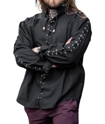 Leonardo Carbone® Mittelalter Hemd Gustavo - Mittelalter Kleidung Herren, Mittelalter Hemd, LARP-Kleidung, Festival Outfit Herren, Karneval Kostüm, Freizeithemden Langarm - 100% Baumwolle Schwarz M von Leonardo Carbone