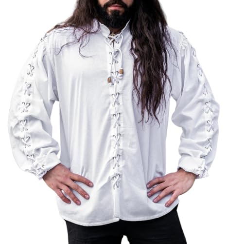 Leonardo Carbone® Mittelalter Hemd Gustavo - Mittelalter Kleidung Herren, Mittelalter Hemd, LARP-Kleidung, Festival Outfit Herren, Karneval Kostüm, Freizeithemden Langarm - 100% Baumwolle Weiß 2XL von Leonardo Carbone