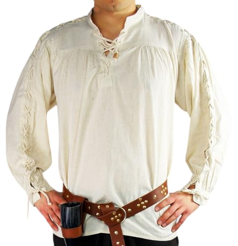 Leonardo Carbone® Mittelalter Hemd Julius mit Ärmelschnürung - Mittelalter Kleidung, Mittelalter Hemd Herren, LARP-Kleidung, Festival Outfit, Karneval Kostüm, Freizeithemden Langarm Natur L von Leonardo Carbone