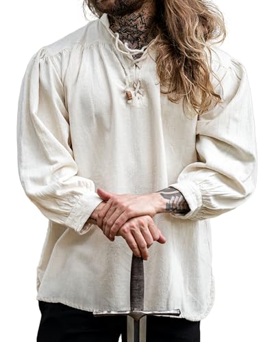 Leonardo Carbone® Mittelalter Hemd Leopold - Mittelalter Kleidung Herren, Mittelalter Hemd, LARP-Kleidung, Festival Outfit, Karneval Kostüm, Freizeithemden Langarm - 100% Baumwolle Natur L von Leonardo Carbone