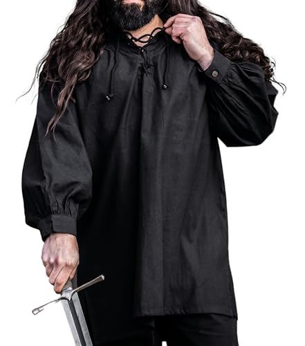 Leonardo Carbone® Mittelalter Hemd Ulrich - Mittelalter Kleidung, Mittelalter Hemd Herren, LARP-Kleidung, Festival Outfit Herren, Karneval Kostüm Herren, Freizeithemden Langarm Schwarz 2XL von Leonardo Carbone