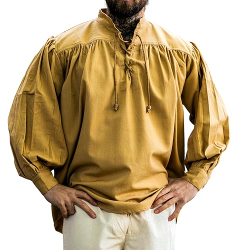 Leonardo Carbone® Mittelalter Hemd Yven - Mittelalter Kleidung, Mittelalter Hemd Herren, LARP-Kleidung, Festival Outfit Herren, Karneval Kostüm, Freizeithemden Langarm - 100% Baumwolle Honig XL von Leonardo Carbone