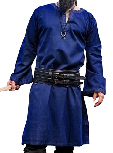 Leonardo Carbone® Tunika mit Bordüre Halvor - Mittelalter Kleidung Herren, Mittelalter Hemd, Freizeithemden Langarm, Karneval Kostüm, Wikinger Tunika, LARP Kleidung - 100% Baumwolle Blau XL von Leonardo Carbone