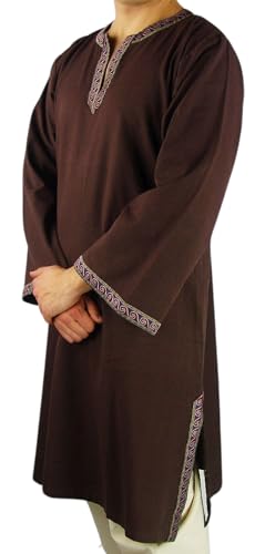 Leonardo Carbone® Tunika mit Bordüre Halvor - Mittelalter Kleidung Herren, Mittelalter Hemd, Freizeithemden Langarm, Karneval Kostüm, Wikinger Tunika, LARP Kleidung - 100% Baumwolle Dunkelbraun L von Leonardo Carbone
