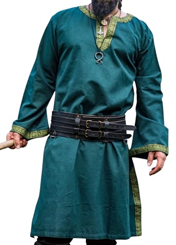 Leonardo Carbone® Tunika mit Bordüre Halvor - Mittelalter Kleidung Herren, Mittelalter Hemd, Freizeithemden Langarm, Karneval Kostüm, Wikinger Tunika, LARP Kleidung - 100% Baumwolle Grün M von Leonardo Carbone