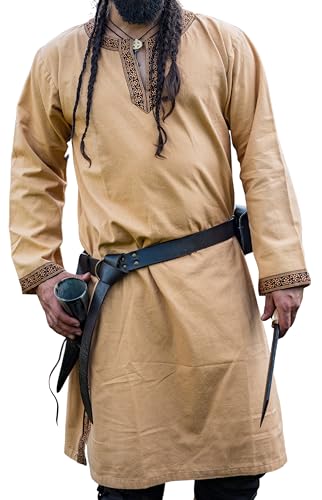 Leonardo Carbone® Tunika mit Bordüre Halvor - Mittelalter Kleidung Herren, Mittelalter Hemd, Freizeithemden Langarm, Karneval Kostüm, Wikinger Tunika, LARP Kleidung - 100% Baumwolle Honigbraun M von Leonardo Carbone