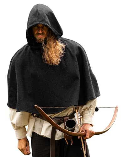Leonardo Carbone® Unisex Mittelalterliche Wollgugel Paul mit Kapuze - Gugel Mittelalter Kleidung Herren & Damen, Mittelalter Kopfbedeckung, Hobbit Kostüm, LARP, Wikinger, Halloween, Karneval Schwarz von Leonardo Carbone