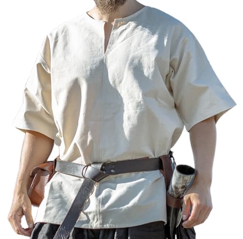 Leonardo Carbone® Wikinger-Kurzarmtunika Olaf - Mittelalter Kleidung Herren, Mittelalter Hemd, Freizeithemden Kurzarm, Karneval Kostüm, Wikinger Tunika, LARP-Kleidung - 100% Baumwolle Natur L von Leonardo Carbone