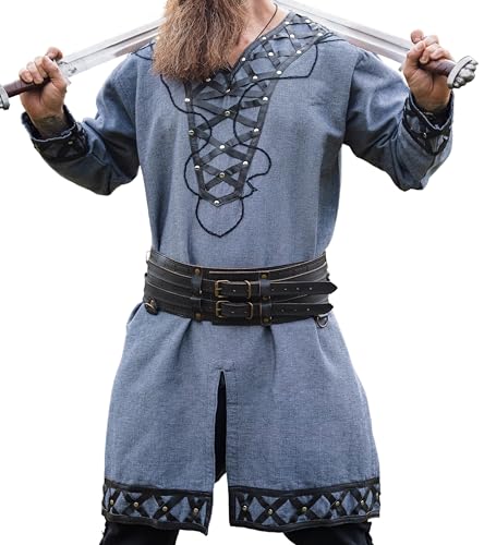 Leonardo Carbone® Wikinger Tunika Erik ? Mittelalter Kleidung Herren, Freizeithemden Kurzarm, Karneval Kostüm, Wikinger Tunika, LARP-Kleidung - 100% Baumwolle mit Leder Applikationen Blaugrau XXL von Leonardo Carbone