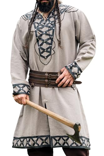Leonardo Carbone® Wikinger Tunika Erik ? Mittelalter Kleidung Herren, Freizeithemden Kurzarm, Karneval Kostüm, Wikinger Tunika, LARP-Kleidung - 100% Baumwolle mit Leder Applikationen Sand XL von Leonardo Carbone