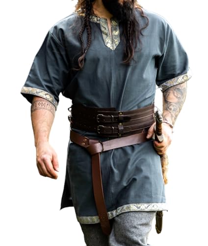 Leonardo Carbone® Wikinger Tunika Njal - Mittelalter Kleidung Herren, Mittelalter Hemd, Freizeithemden Kurzarm, Karneval Kostüm Herren, Wikinger Tunika, LARP-Kleidung - 100% Baumwolle Blau XXL von Leonardo Carbone