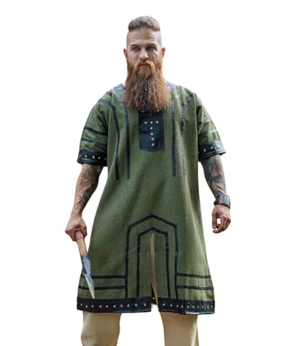Leonardo Carbone® Wikinger Tunika Rollo - Mittelalter Hemd Herren, Freizeithemden Kurzarm, Karneval Kostüm Herren, Wikinger Tunika, LARP-Kleidung - 100% Baumwolle mit Leder Applikationen Grün XXL von Leonardo Carbone