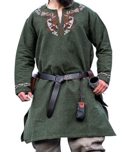 Leonardo Carbone® Wikinger Tunika Snorri - Mittelalter Kleidung Herren, Mittelalter Hemd, Karneval Kostüm Herren, Wikinger Tunika, LARP-Kleidung - 100% Baumwolle mit Urnes Stickerei Grün M von Leonardo Carbone