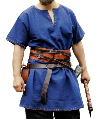 Leonardo Carbone® Wikinger Tunika Theobald - Mittelalter Kleidung Herren, Mittelalter Hemd, Freizeithemden Kurzarm, Karneval Kostüm, Wikinger Tunika, LARP-Kleidung - 100% Baumwolle Blau S von Leonardo Carbone