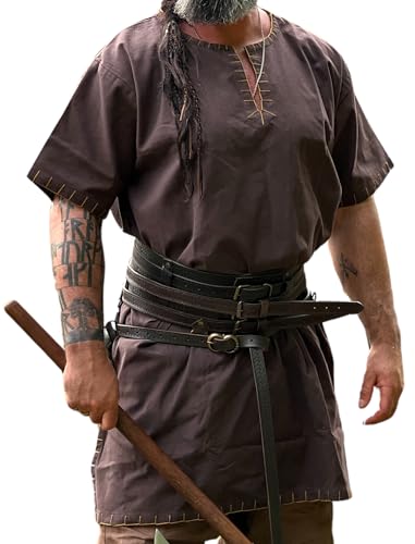 Leonardo Carbone® Wikinger Tunika Theobald - Mittelalter Kleidung Herren, Mittelalter Hemd, Freizeithemden Kurzarm, Karneval Kostüm, Wikinger Tunika, LARP-Kleidung - 100% Baumwolle Dunkelbraun XXXL von Leonardo Carbone