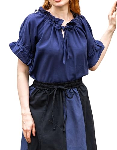 Leonardo Carbone® Damen Bluse Verena | Kordelzug Dekolleté | Rüschenärmel | Karneval, Halloween, Cosplay, LARP, Mittelalter, Wikinger, Kostüm, Tunika | 100% Baumwolle Dunkelblau S von Leonardo Carbone