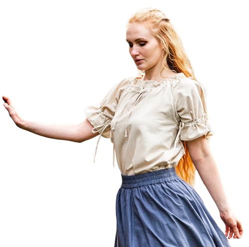Leonardo Carbone® Damen Bluse Verena | Kordelzug Dekolleté | Rüschenärmel | Karneval, Halloween, Cosplay, LARP, Mittelalter, Wikinger, Kostüm, Tunika | 100% Baumwolle Natur 3XL von Leonardo Carbone