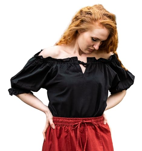 Leonardo Carbone® Damen Bluse Verena | Kordelzug Dekolleté | Rüschenärmel | Karneval, Halloween, Cosplay, LARP, Mittelalter, Wikinger, Kostüm, Tunika | 100% Baumwolle Schwarz L von Leonardo Carbone