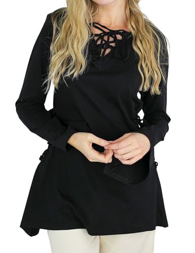 Leonardo Carbone® Damen Bluse Geschnürtes Oberteil Lea Mit Kapuze | Lange Kapuze | Asymmetrischer Schnitt | Karneval, Halloween, Cosplay, LARP, Tunika, Mittelalter | 100% Baumwolle Schwarz XL von Leonardo Carbone