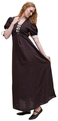 Leonardo Carbone® Damen Kleid Sommerkleid | V-Ausschnitt Mit Schnürung | Weit Schwingender Rock | Karneval, Halloween, Cosplay, LARP, Mittelalter, Wikinger | 100% Baumwolle Braun/Natur 2XL von Leonardo Carbone