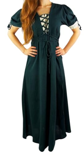 Leonardo Carbone® Damen Kleid Sommerkleid | V-Ausschnitt Mit Schnürung | Weit Schwingender Rock | Karneval, Halloween, Cosplay, LARP, Mittelalter, Wikinger | 100% Baumwolle Grün/Natur XL von Leonardo Carbone