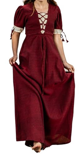 Leonardo Carbone® Damen Kleid Sommerkleid | V-Ausschnitt Mit Schnürung | Weit Schwingender Rock | Karneval, Halloween, Cosplay, LARP, Mittelalter, Wikinger | 100% Baumwolle Rot/Natur M von Leonardo Carbone