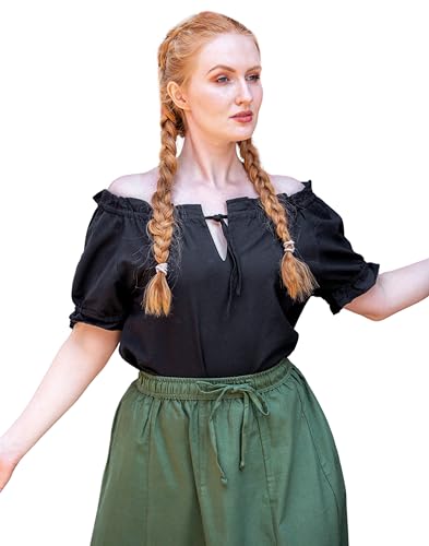 Leonardo Carbone® Damen Bluse Otilia | Kordelzug Dekolleté | Schulterfrei | Karneval, Halloween, Cosplay, LARP, Mittelalter, Tunika, Oberteil, Kostüm | 100% Baumwolle Schwarz S von Leonardo Carbone